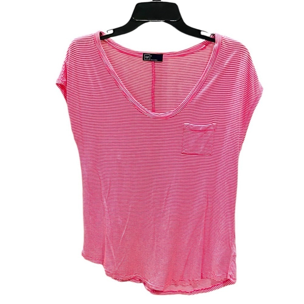 GAP cap sleeve scoop neck striped  pocket tunic tee SZ S pink white